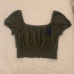Hollister eyelet off the shoulder green crop top